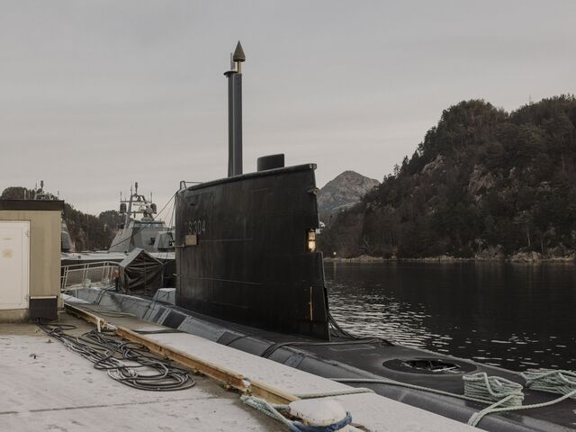The Norwegian submarine Uthaug S304 at a naval base near Bergen.