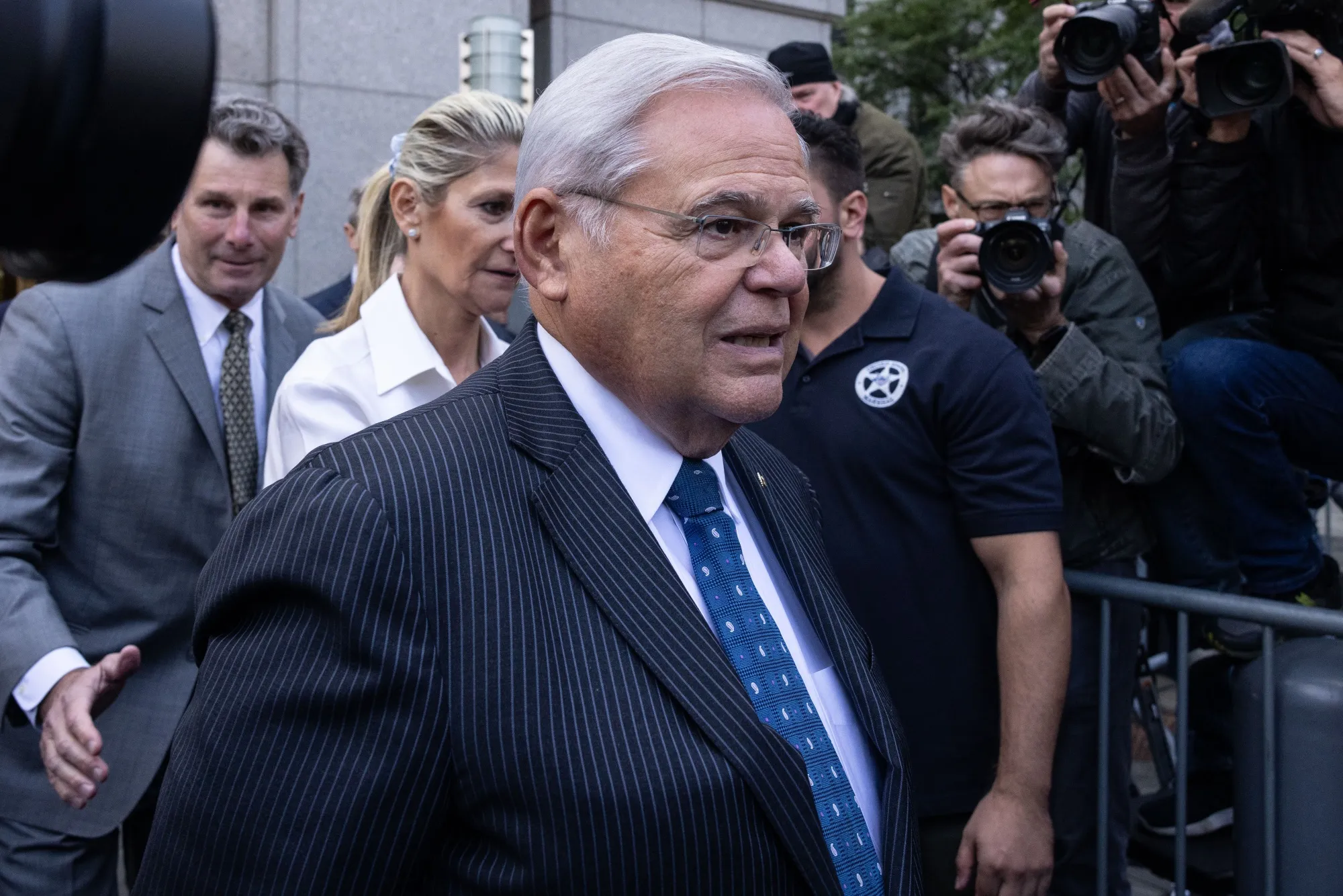 Sen. Bob&nbsp;Menendez exits federal court in New York&nbsp;on Wednesday.