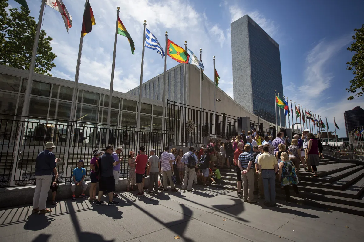 Visitors wait in line at the United Nations&nbsp;headquarters in New York.