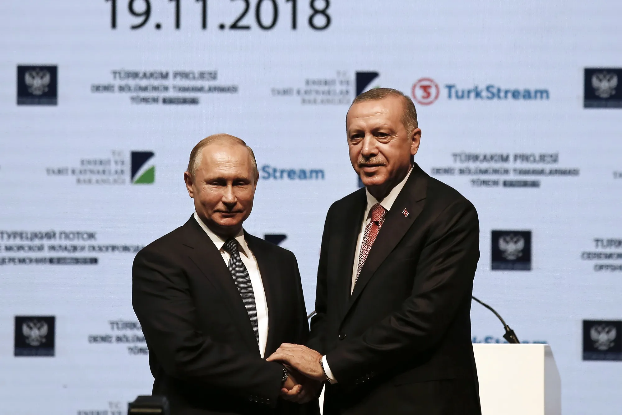 Recep Tayyip Erdogan, right, and Vladimir Putin during a ceremony to celebrate the TurkStream gas pipeline in Istanbul in 2018.