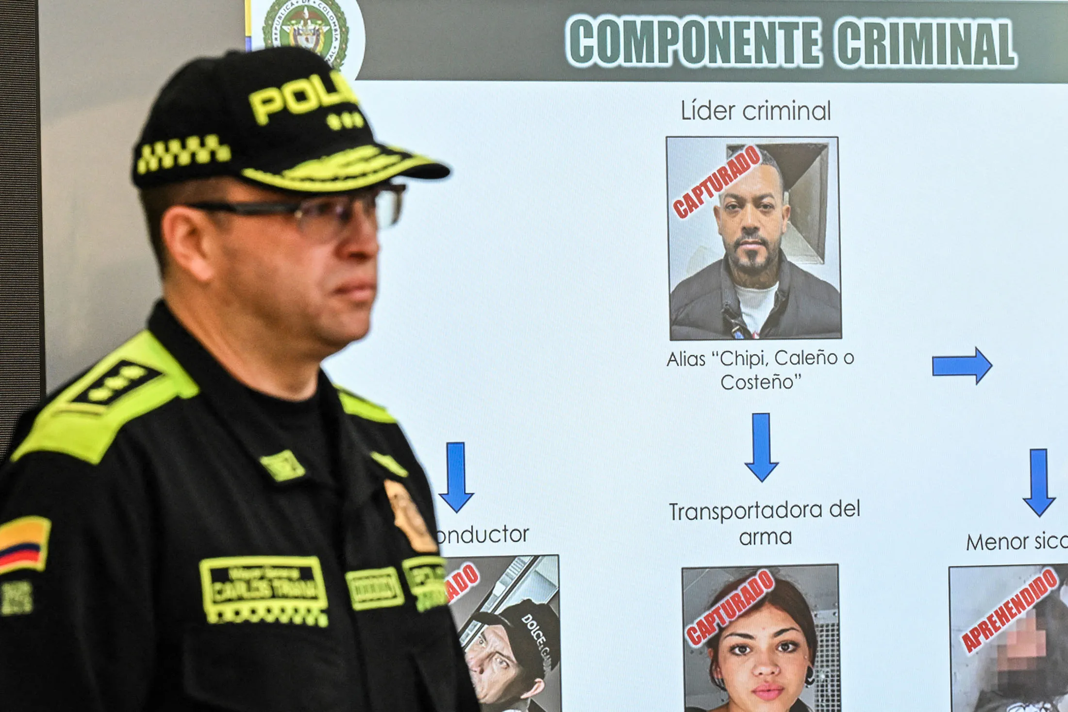 Colombia's Police Director Carlos Triana&nbsp;stands in front of a projected image of Elder Jose Arteaga Hernandez, allegedly responsible for the attack on Colombian presidential candidate Miguel Uribe, during a press conference in Bogota on July 5.