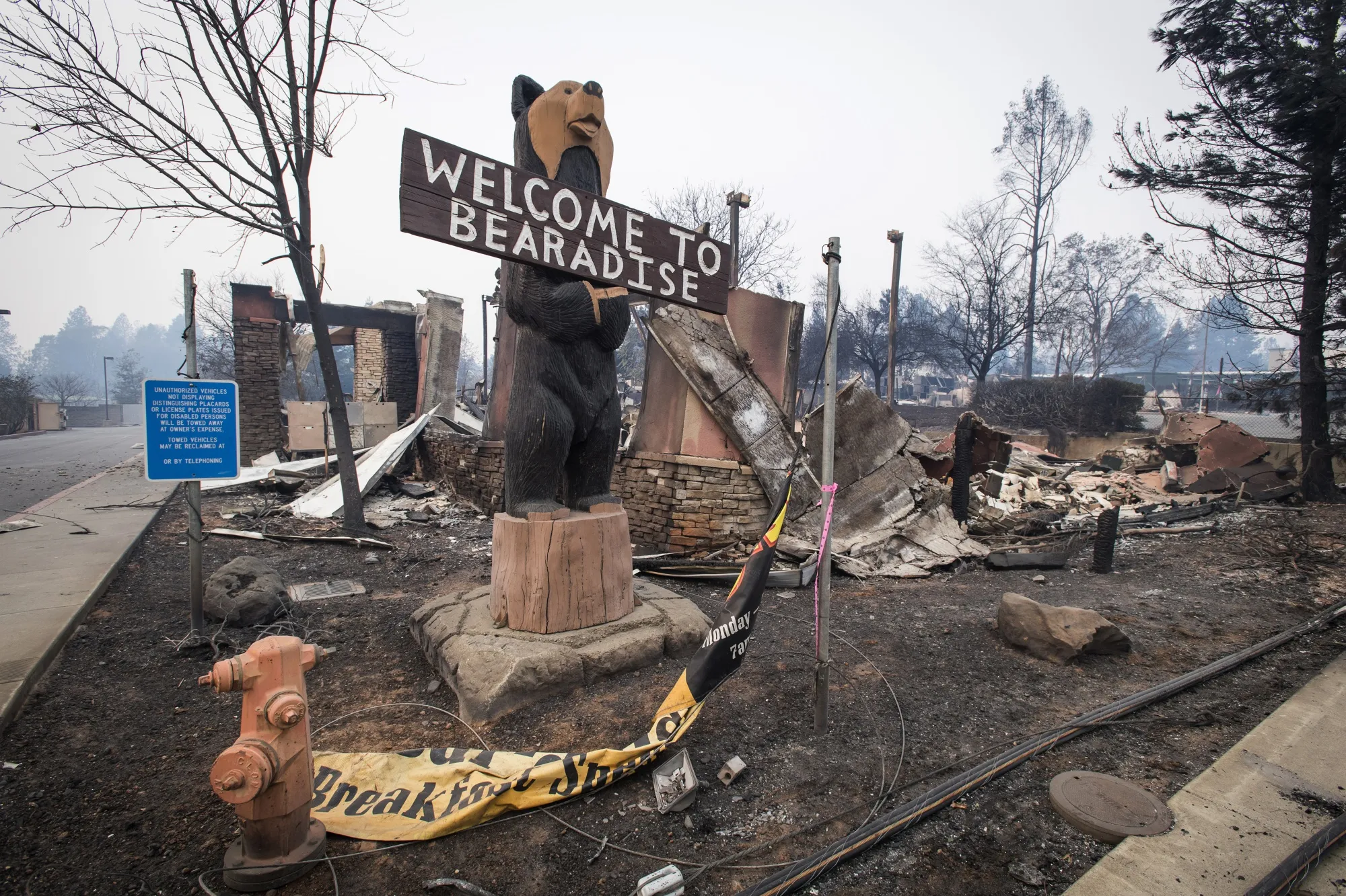 A statue stands outside a burn-out building from the Camp Fire in Paradise, California on Nov. 13, 2018.