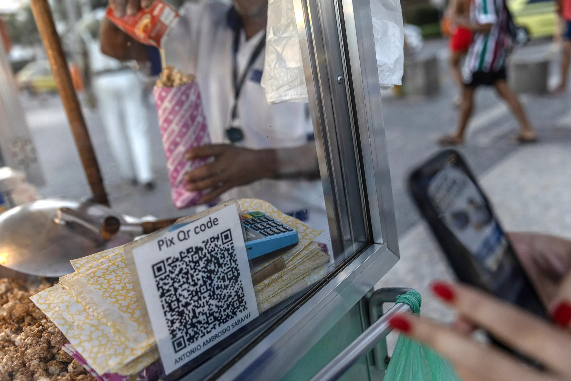 The Pix instant payment system at a popcorn stand at Ipanema Beach in Rio de Janeiro.