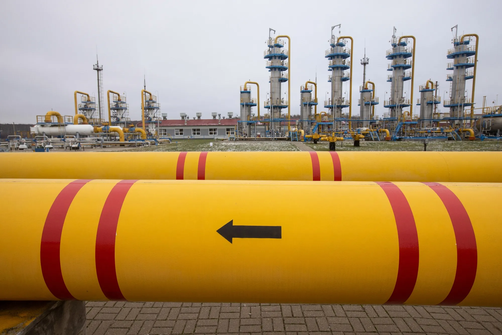 Pipework showing flow direction at the Kasimovskoye underground gas storage facility, operated by Gazprom PJSC, in Kasimov, Russia.