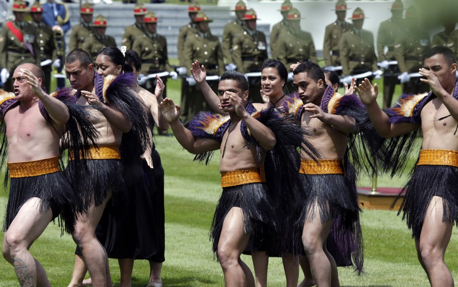 Māori warriors perform the haka, part of a traditional Māori welcome for China's President Xi Jinping and his wife Peng Liyuan, upon their arrival in Wellington, New Zealand, in 2014.