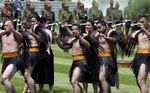 Māori warriors perform the haka, part of a traditional Māori welcome for China's President Xi Jinping and his wife Peng Liyuan, upon their arrival in Wellington, New Zealand, in 2014.