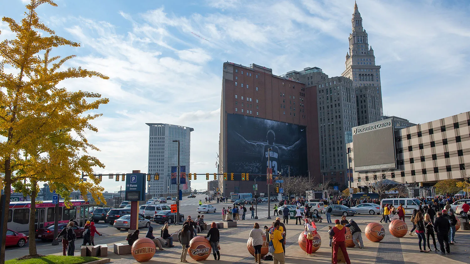 Fans gather outside Quicken Loans Arena before a game between the Cleveland Cavaliers and the New York Knicks on Oct. 30, 2014, in Cleveland, Ohio.
