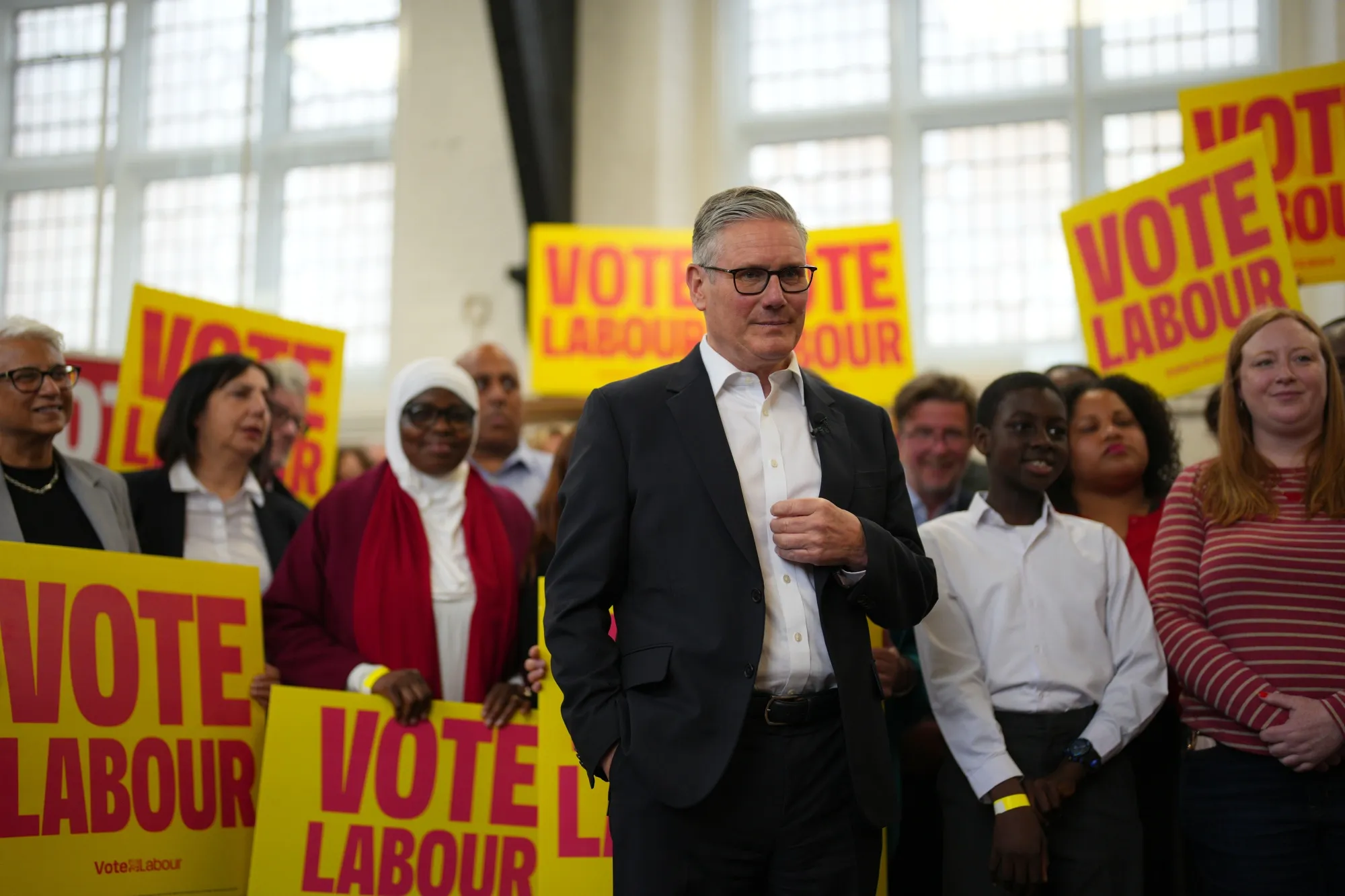 Prime Minister Keir Starmer joins party supporters during a campaign event in London on May 5.&nbsp;