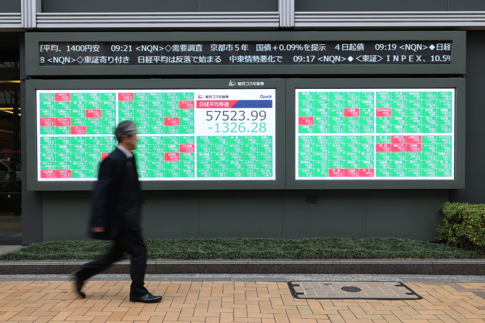 The Nikkei 225 Stock Average displayed outside a securities firm in Tokyo, Japan, on Monday, March 2, 2026. Stocks fell and crude oil surged as an escalation in the Middle East conflict unsettled global markets, prompting investors to trim risk exposure and seek haven assets.