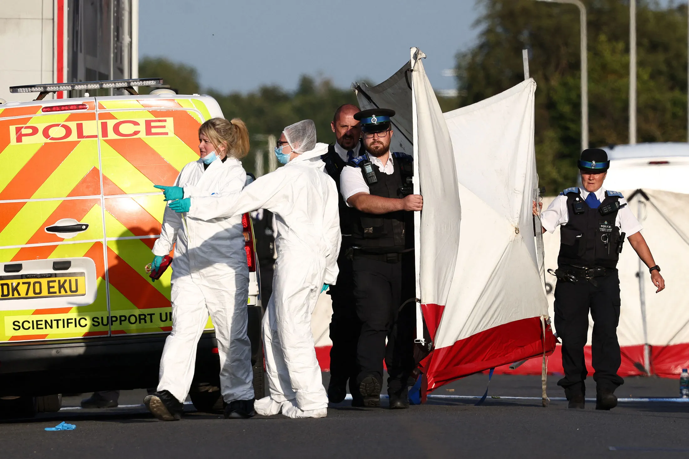 Police and forensics personnel at the scene of the attack in Southport, UK, on July 29.