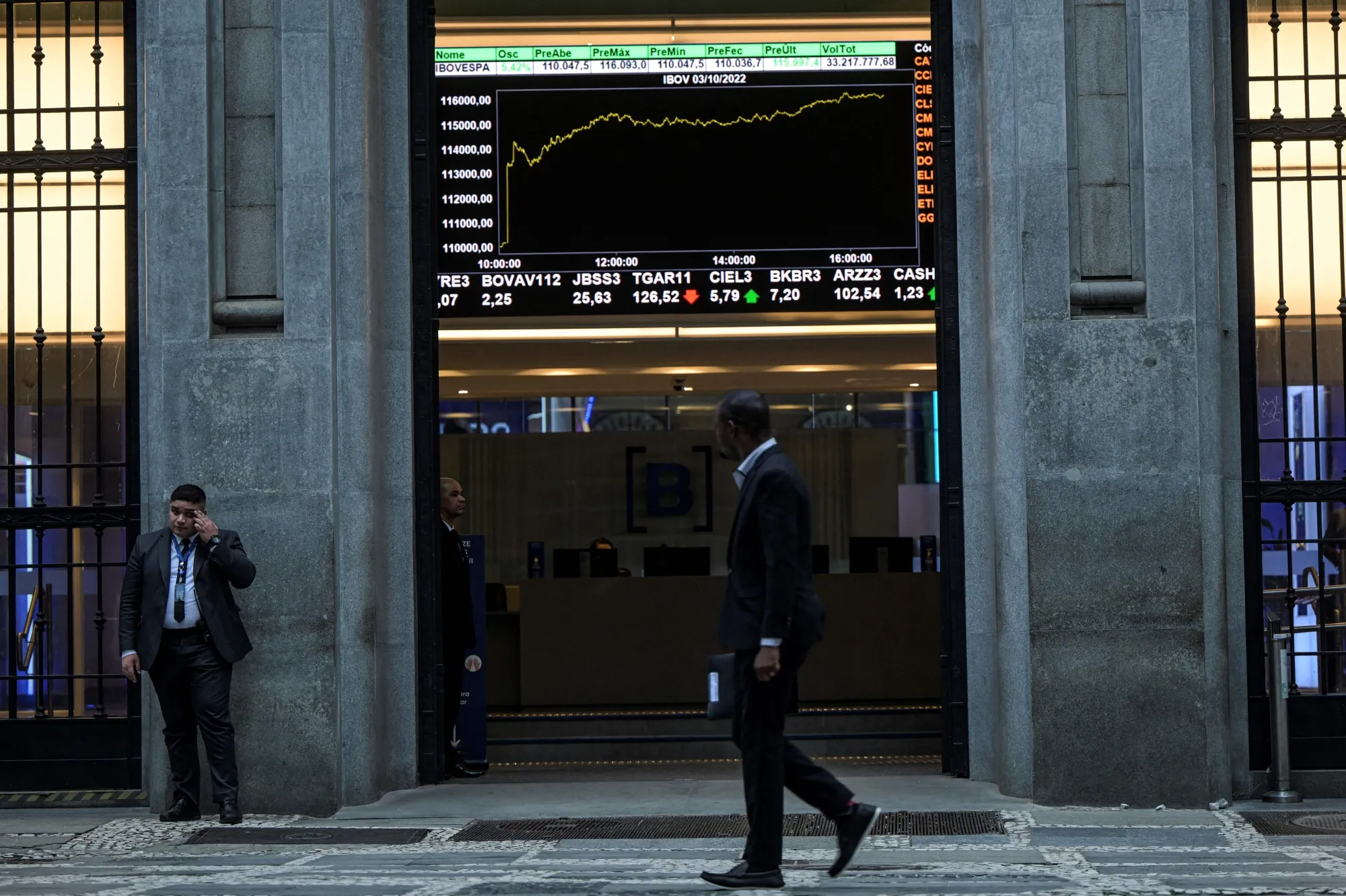 A man walks in front of the stock market building in Sao Paulo, Brazil, on October 03, 2022.