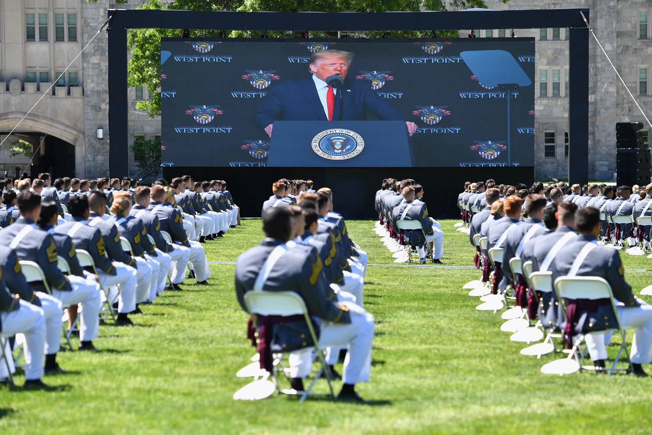 President Trump delivers the commencement address at the 2020 US Military Academy Graduation Ceremony at West Point, New York, on June 13.