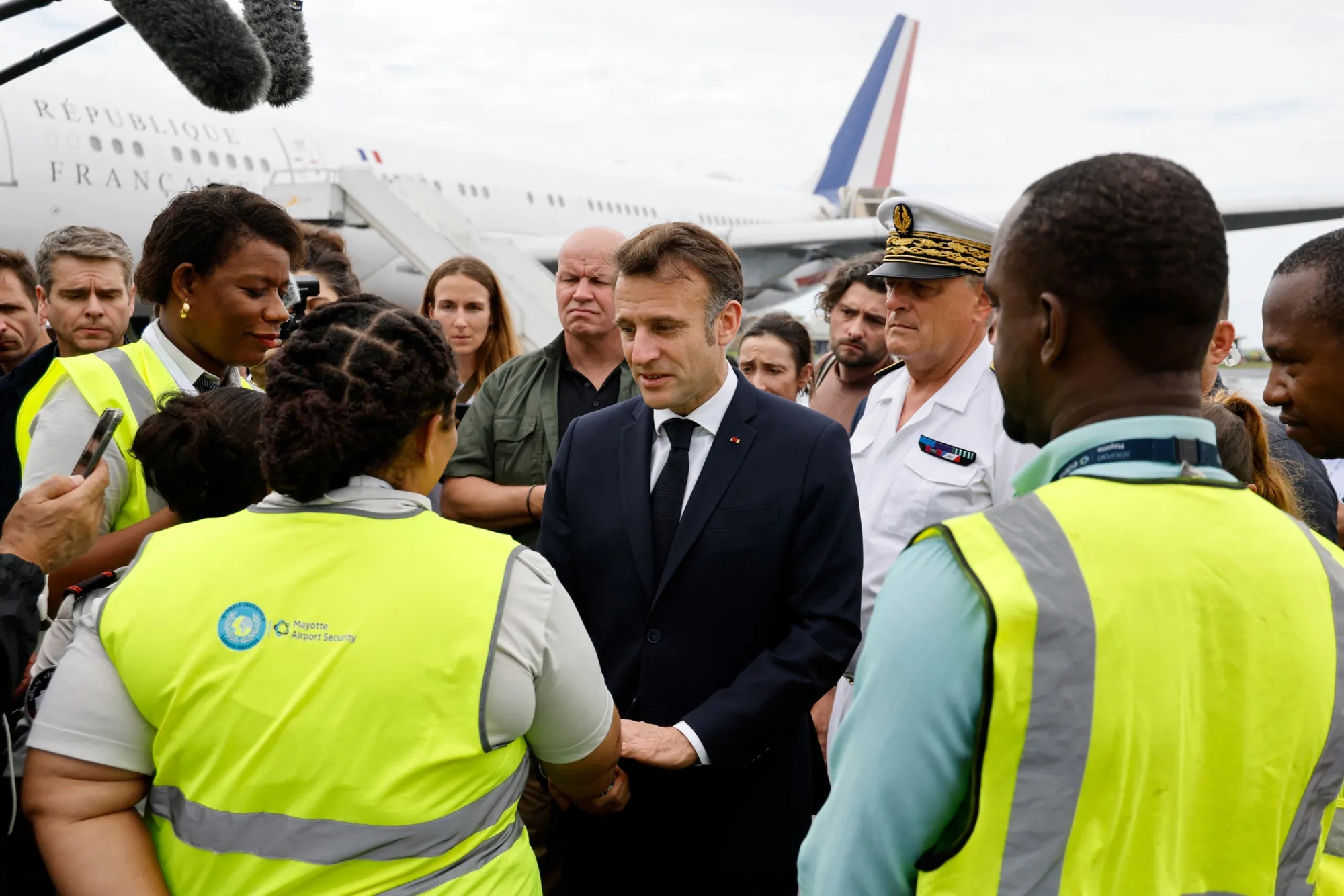 Emmanuel Macron at Dzaoudzi airport, in Mayotte, on Dec. 19.