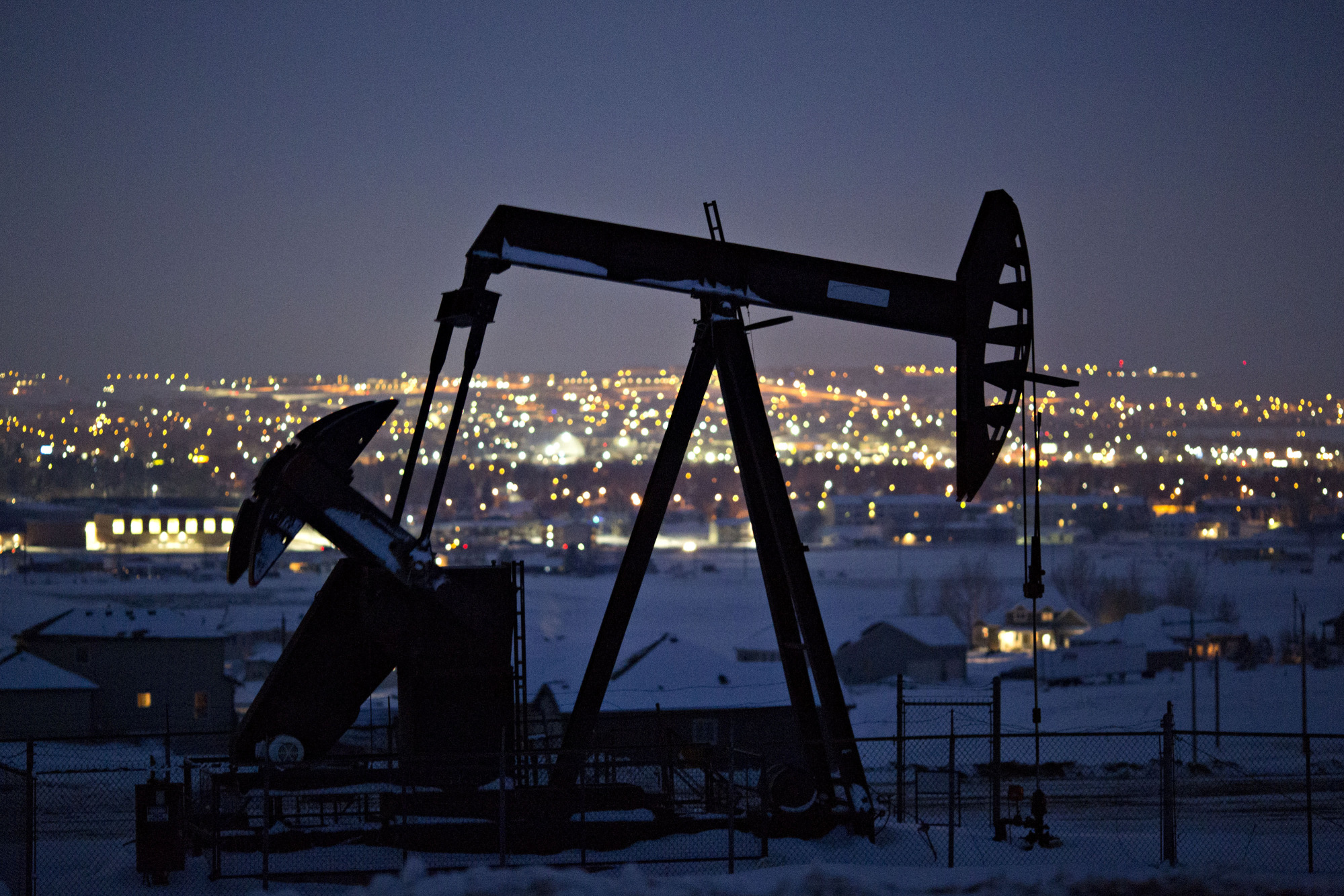 A pumpjack at an oil well in North Dakota, U.S.