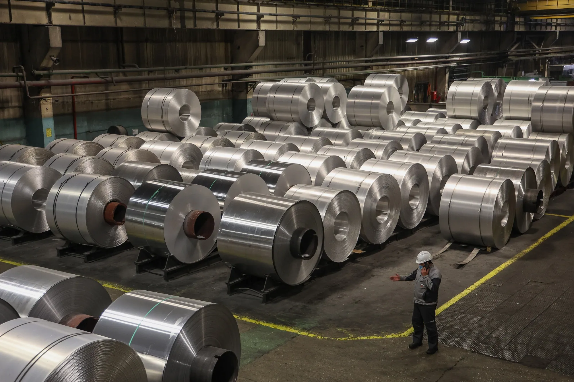 Aluminum rolls in a storage area at the Sayanal foil mill in Sayanogorsk, Russia.