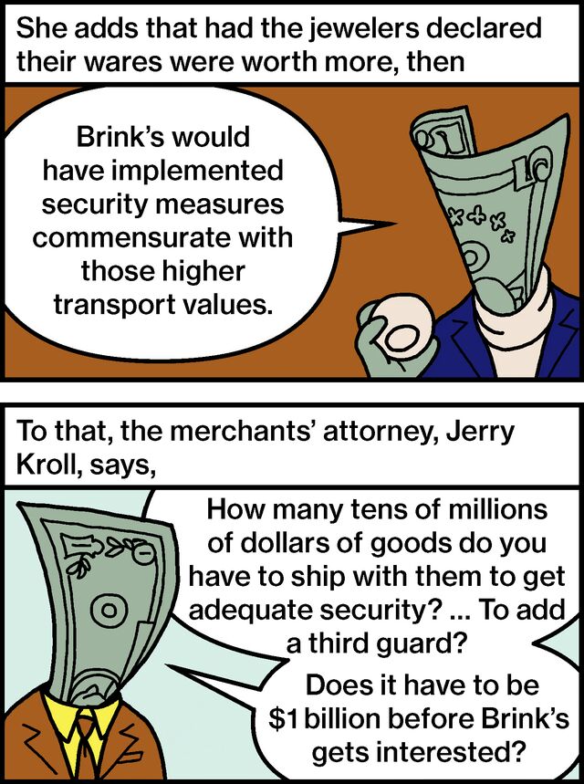 She adds that had the jewelers declared their wares were worth more, then Brink’s would have implemented security measures commensurate with those higher transport values. To that, the merchants’ attorney, Jerry Kroll, says, “How many tens of millions of dollars of goods do you have to ship with them to get adequate security? … To add a third guard? Does it have to be $1 billion before Brink’s gets interested?”