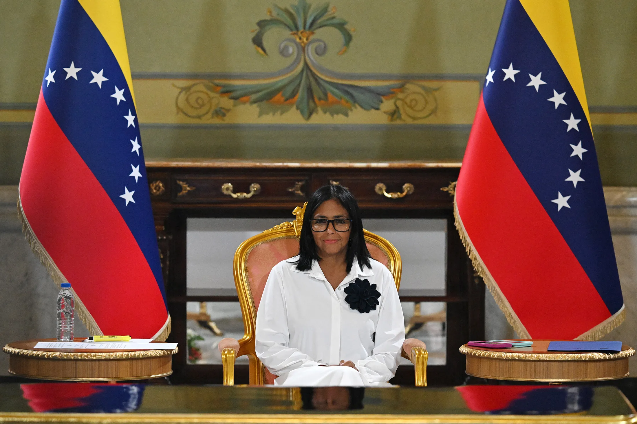 Interim President Delcy Rodriguez during a signing ceremony between Chevron and the national government at Miraflores Palace in Caracas on April 13.
