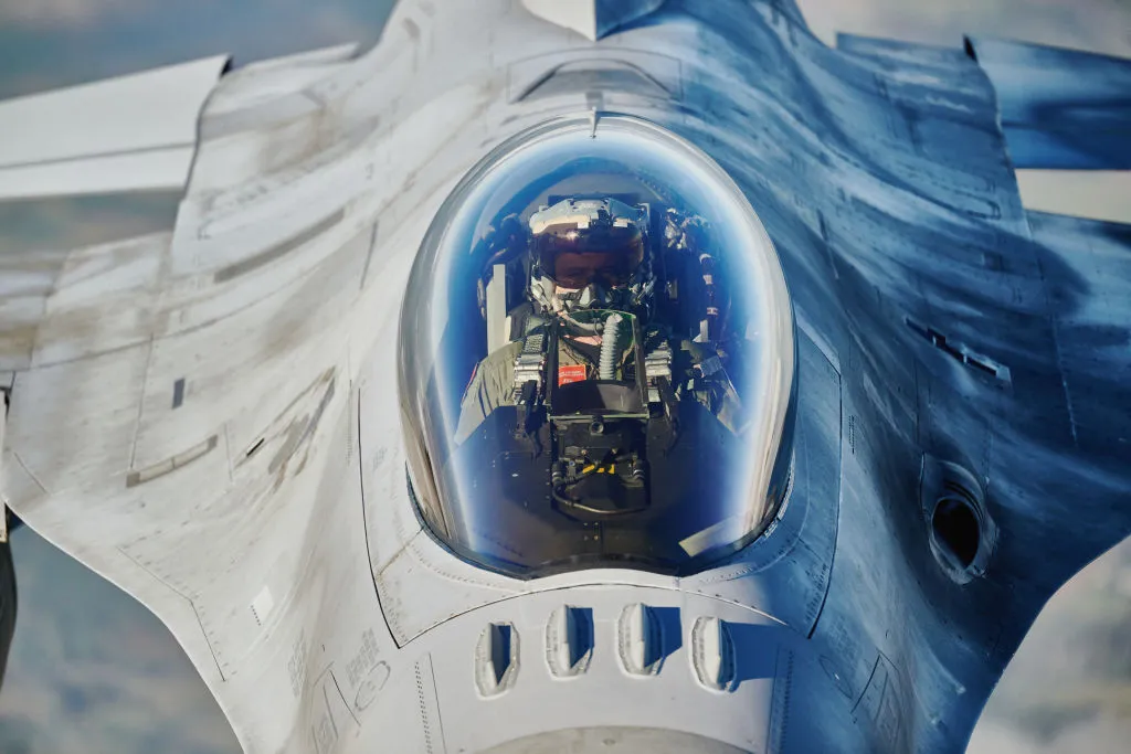 An F 16 fighter jet.