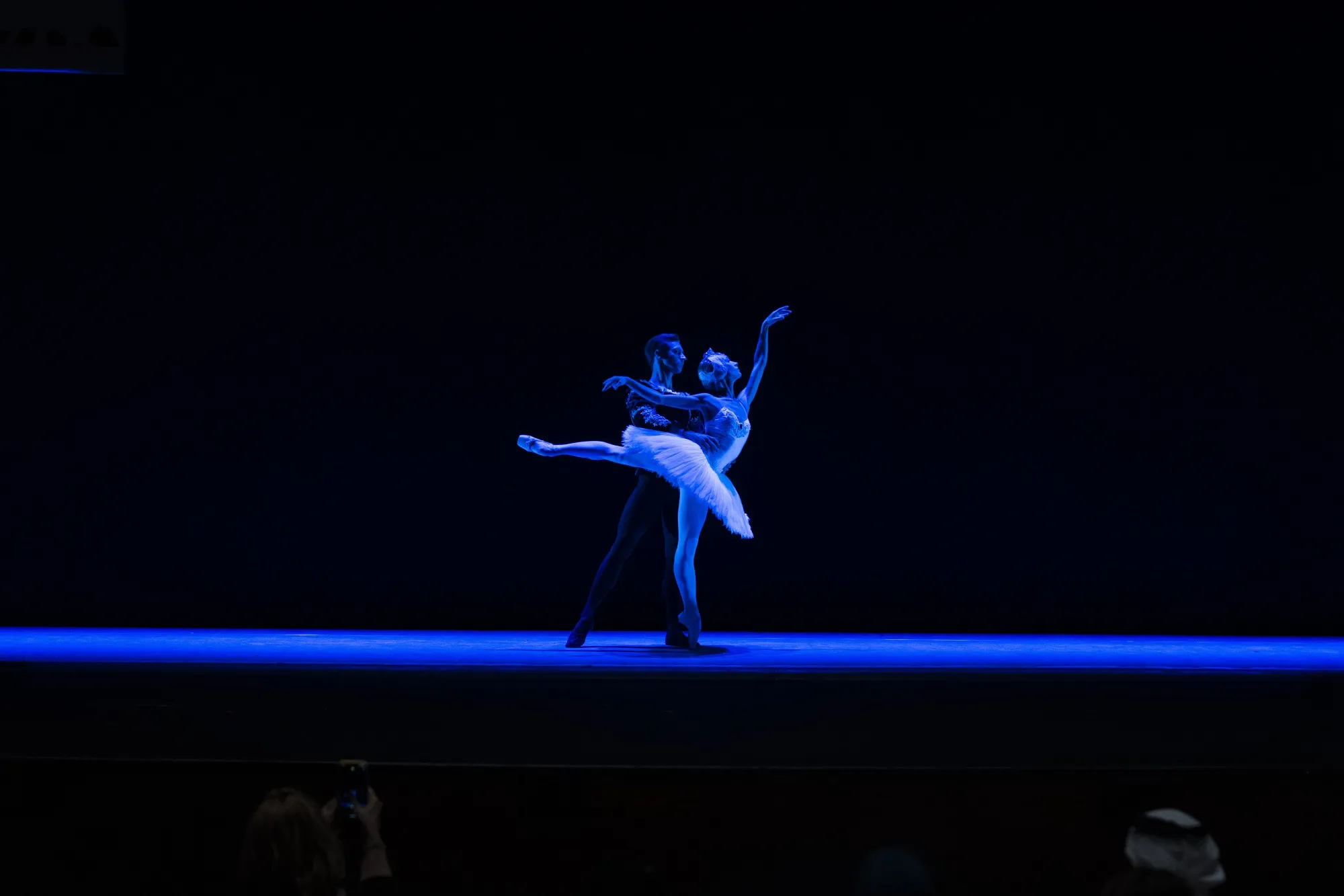 Dancers from the Hungarian State Ballet perform a pas de deux from Swan Lake at a press conference at the Dubai Opera ahead of opening night.