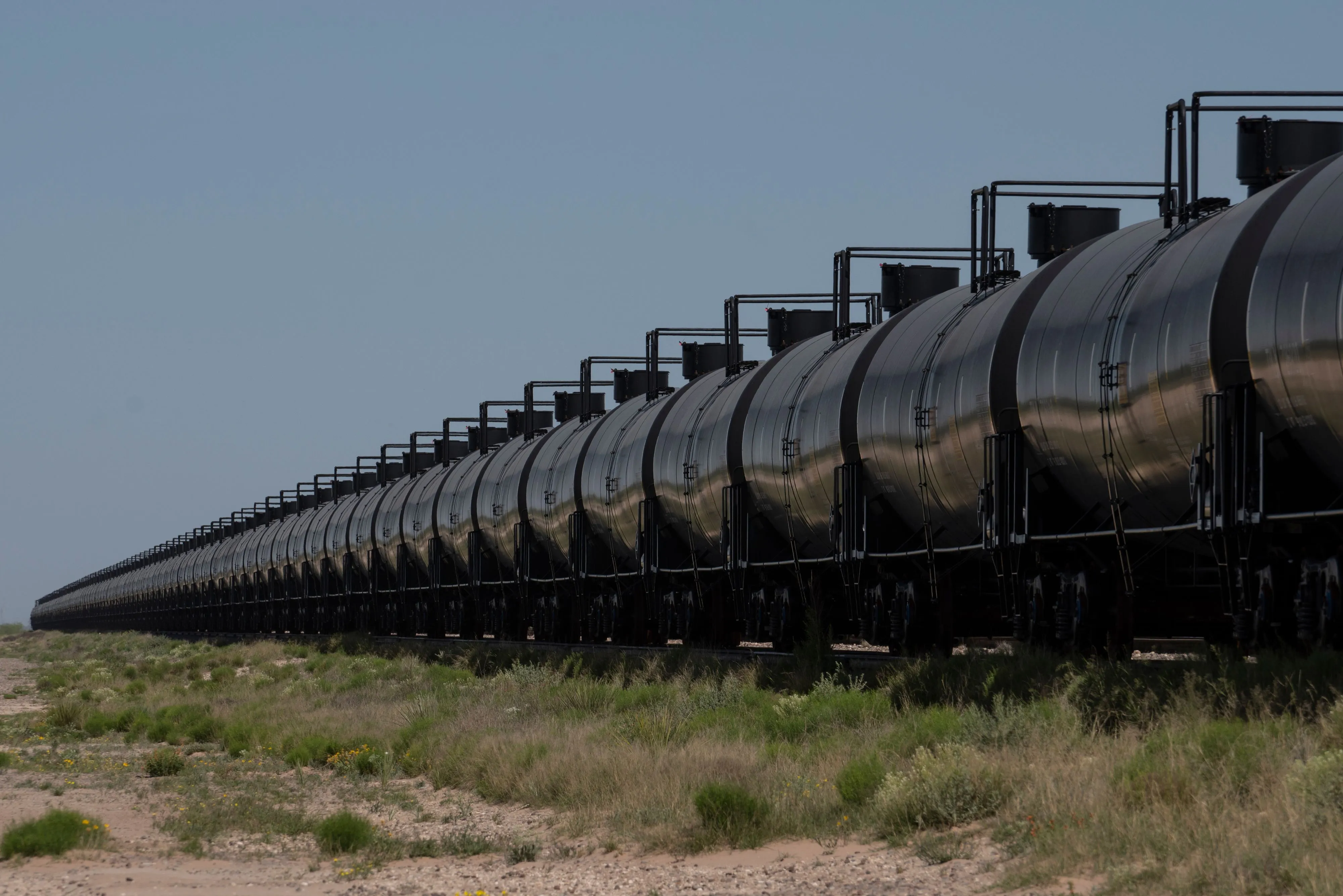 Rail cars carrying crude oil near Odessa, Texas.