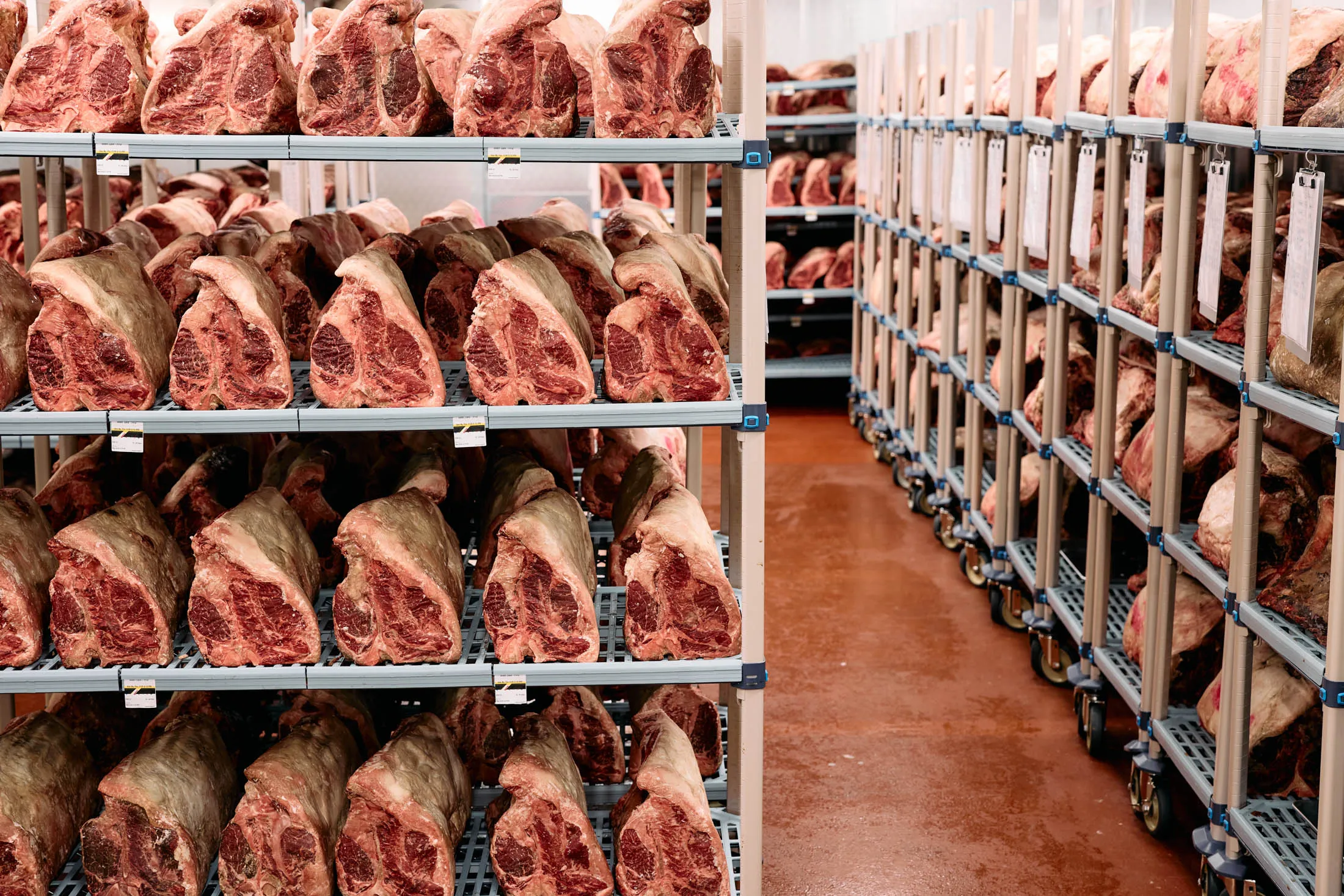 The dry aging room at Peter Luger Steak House in Las Vegas is home to around 3,200 supersized cuts of beef.