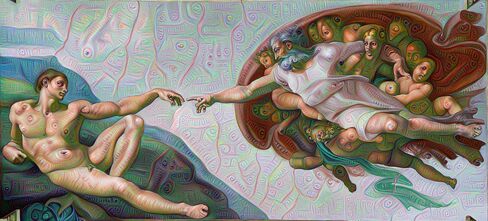 Looking at a DeepDream-inflected version of a familiar painting, like this one from Michelangelo, gives you a good sense of what can happen.