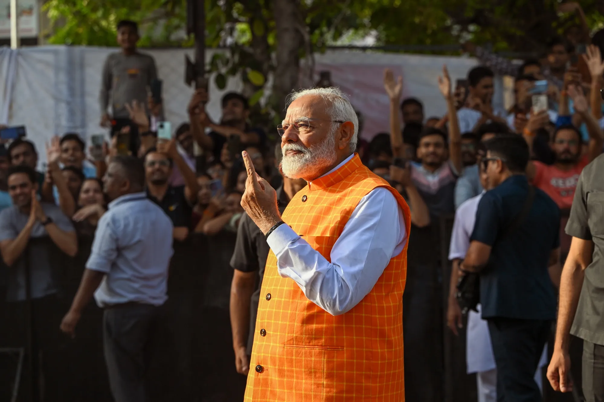 Narendra Modi after casting his ballot at a polling station in Ahmedabad, India, on May 7.