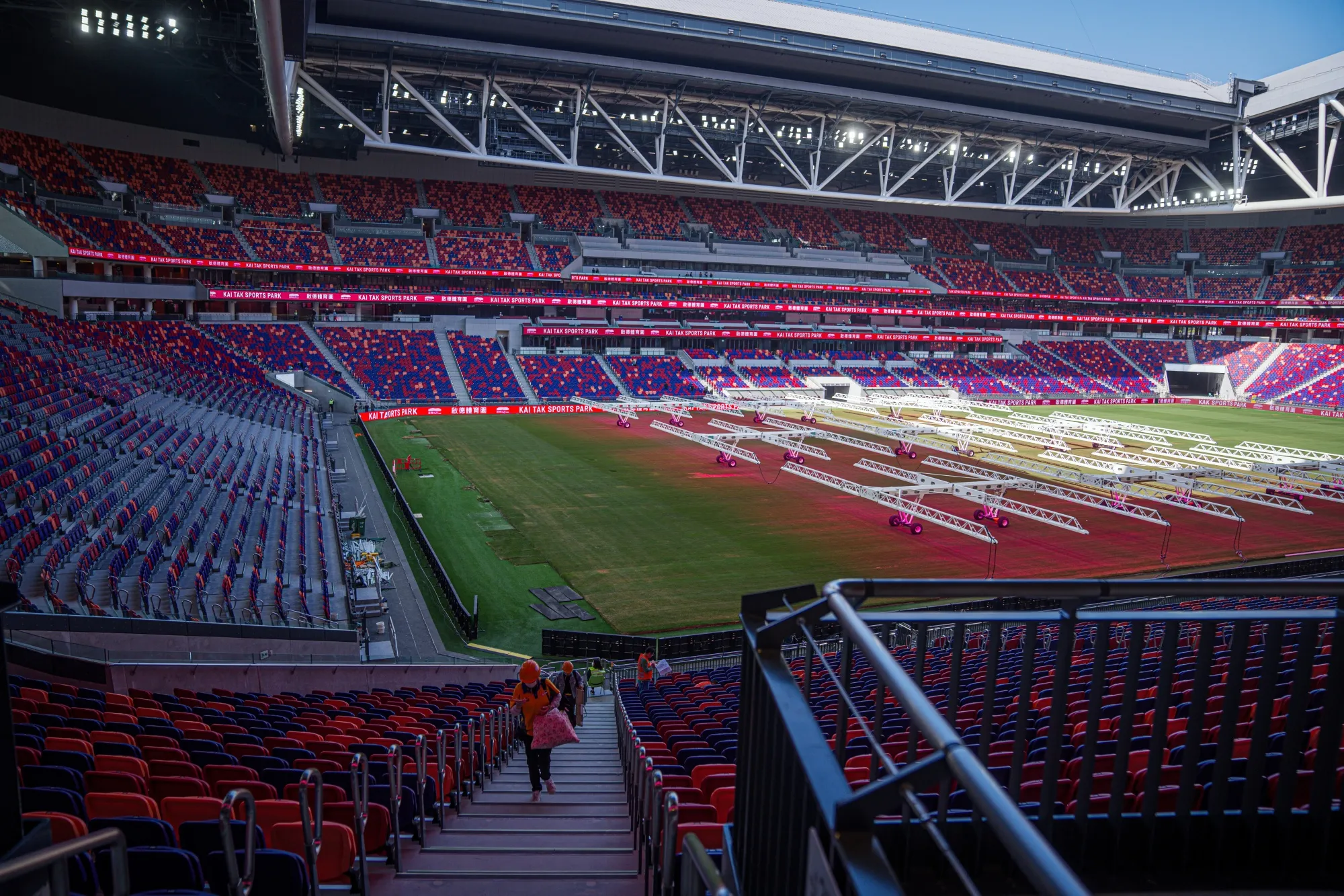LED grow lights on the field at the main stadium at the Kai Tak Sports Park during a media tour ahead of its opening in Hong Kong.