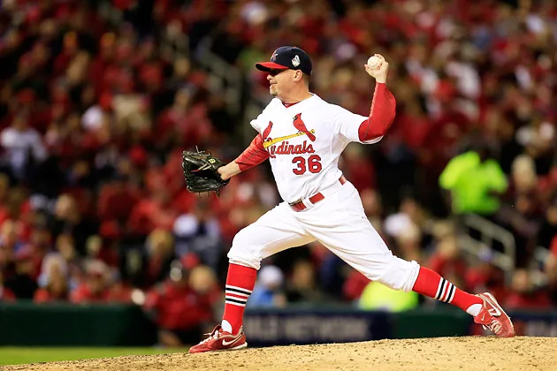 Randy Choate of the St. Louis Cardinals throws a pitch against the Boston Red Sox during Game Four of the 2013 World Series