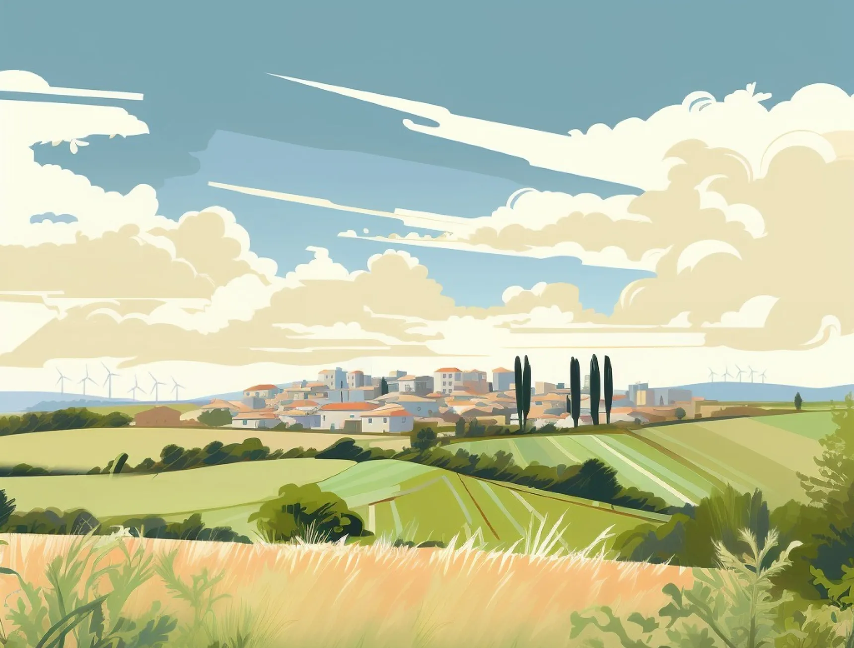 One depiction evokes the Tuscan countryside— with wind turbines.