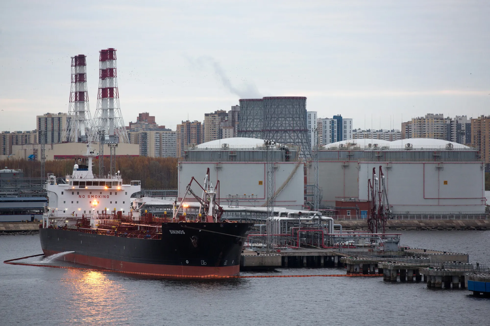 An oil tanker&nbsp;at a fuel storage facility at the Big Port of Saint-Petersburg in Saint Petersburg, Russia.