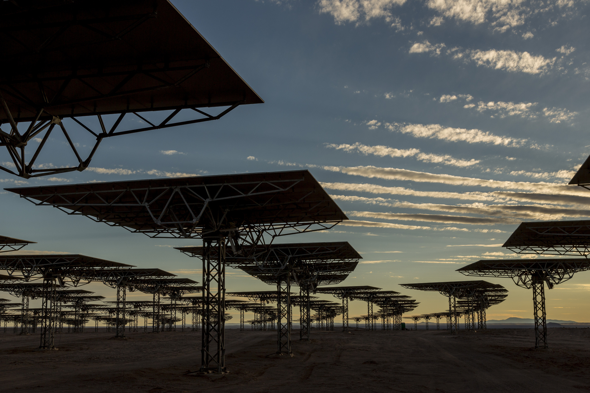 Heliostat panels stand at the Cerro Dominador Solar Thermal Plant in the Atacama desert in the commune of Maria Elena, Antofagasta region, Chile.
