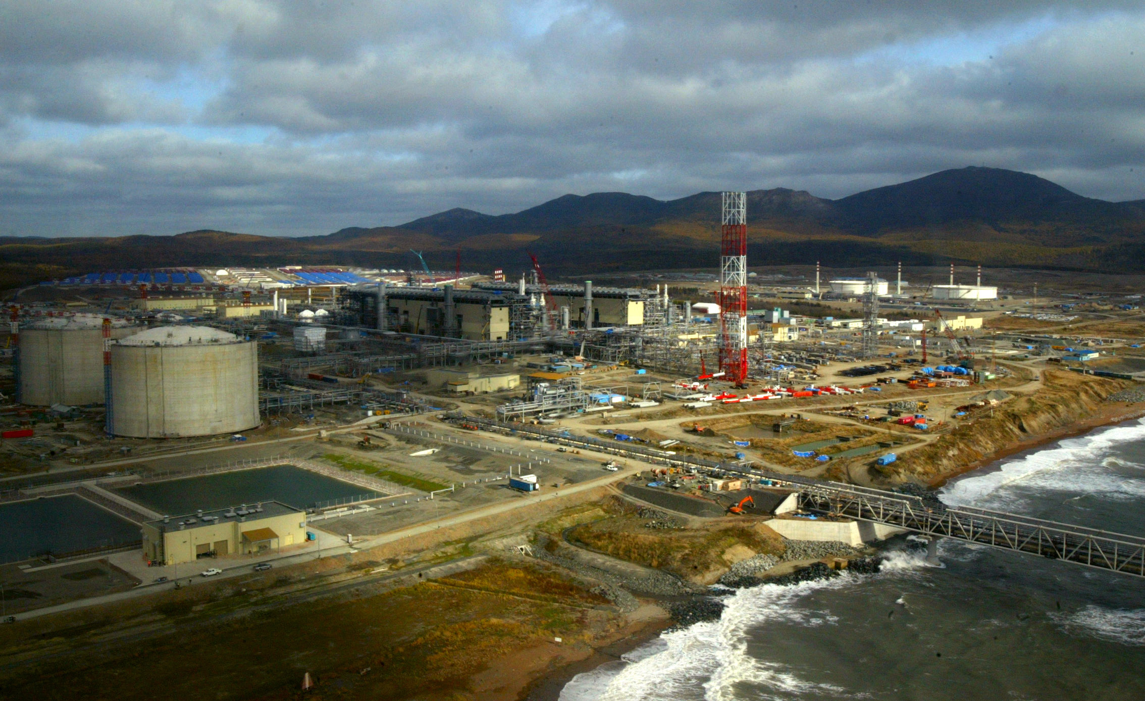 An aerial view of the liquefaction plant, part of the Sakhalin-2 liquefied natural gas project in Sakhalin, Russia.