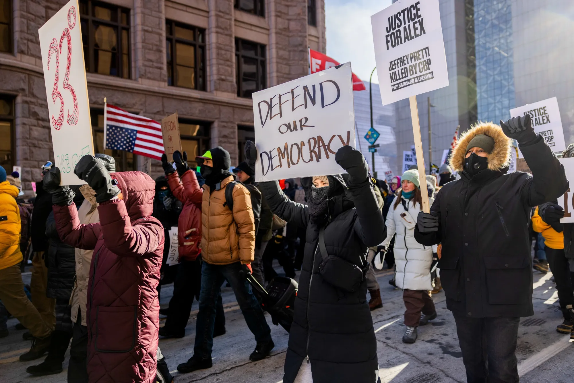Demonstrators against the ongoing Immigration and Customs Enforcement deployment&nbsp;in Minneapolis on Sunday
