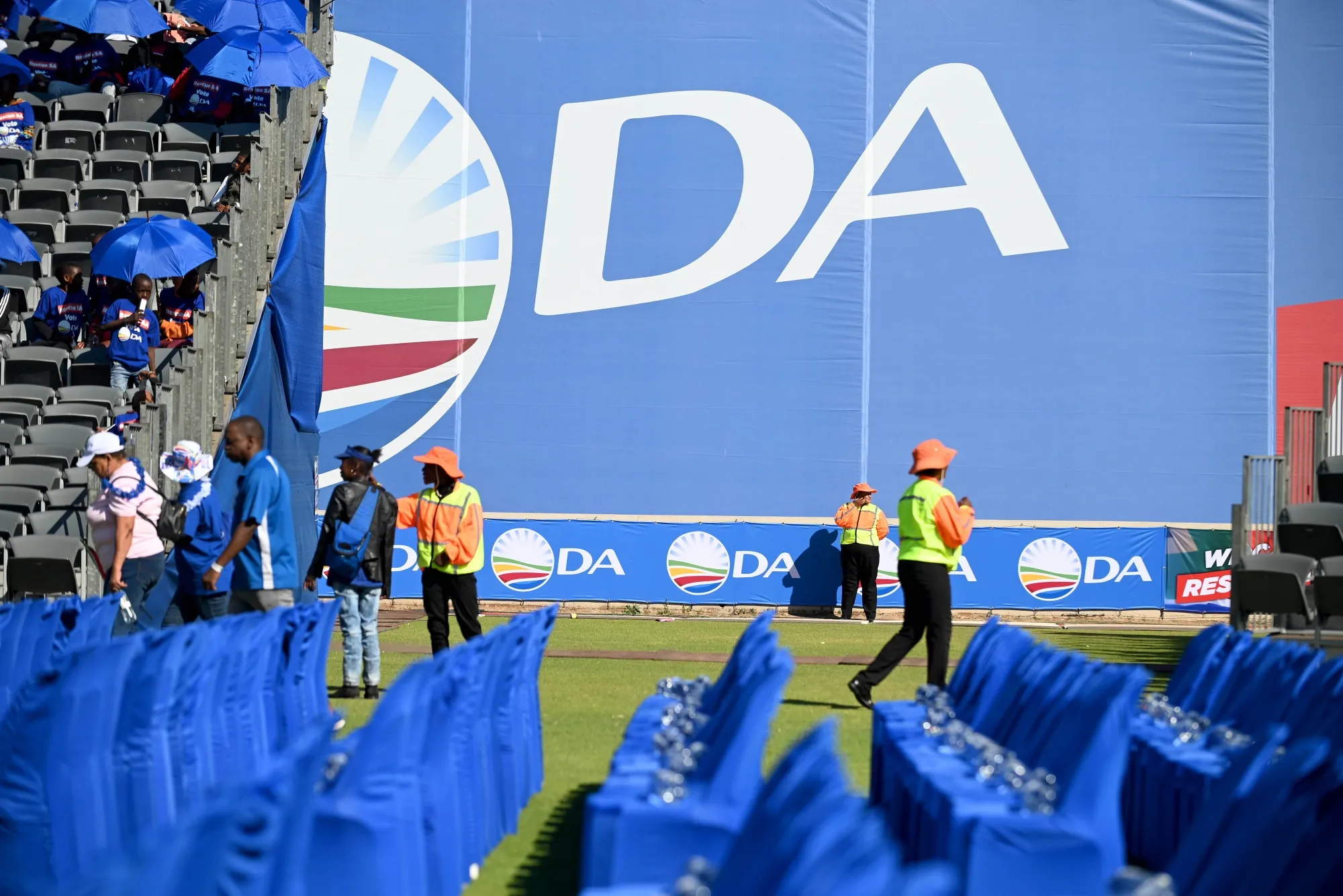 Preparations for a Democratic Alliance rally at the Willowmoore stadium in Benoni, South Africa.
