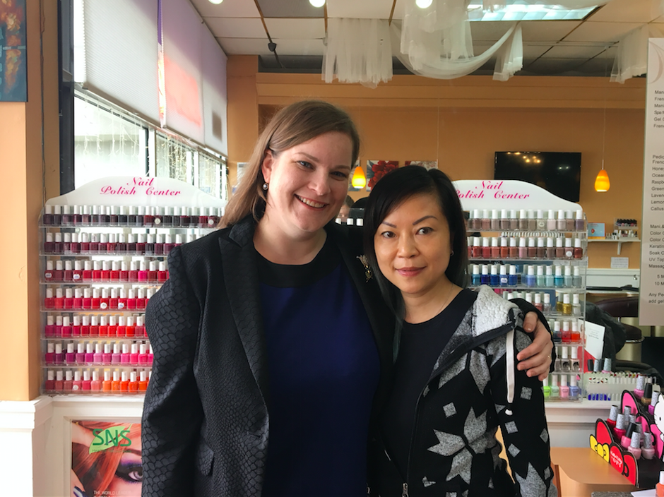Katrina Zhan (R) inspired Meghan McPherson to paper North Hempstead nail salons with emergency prep information.  