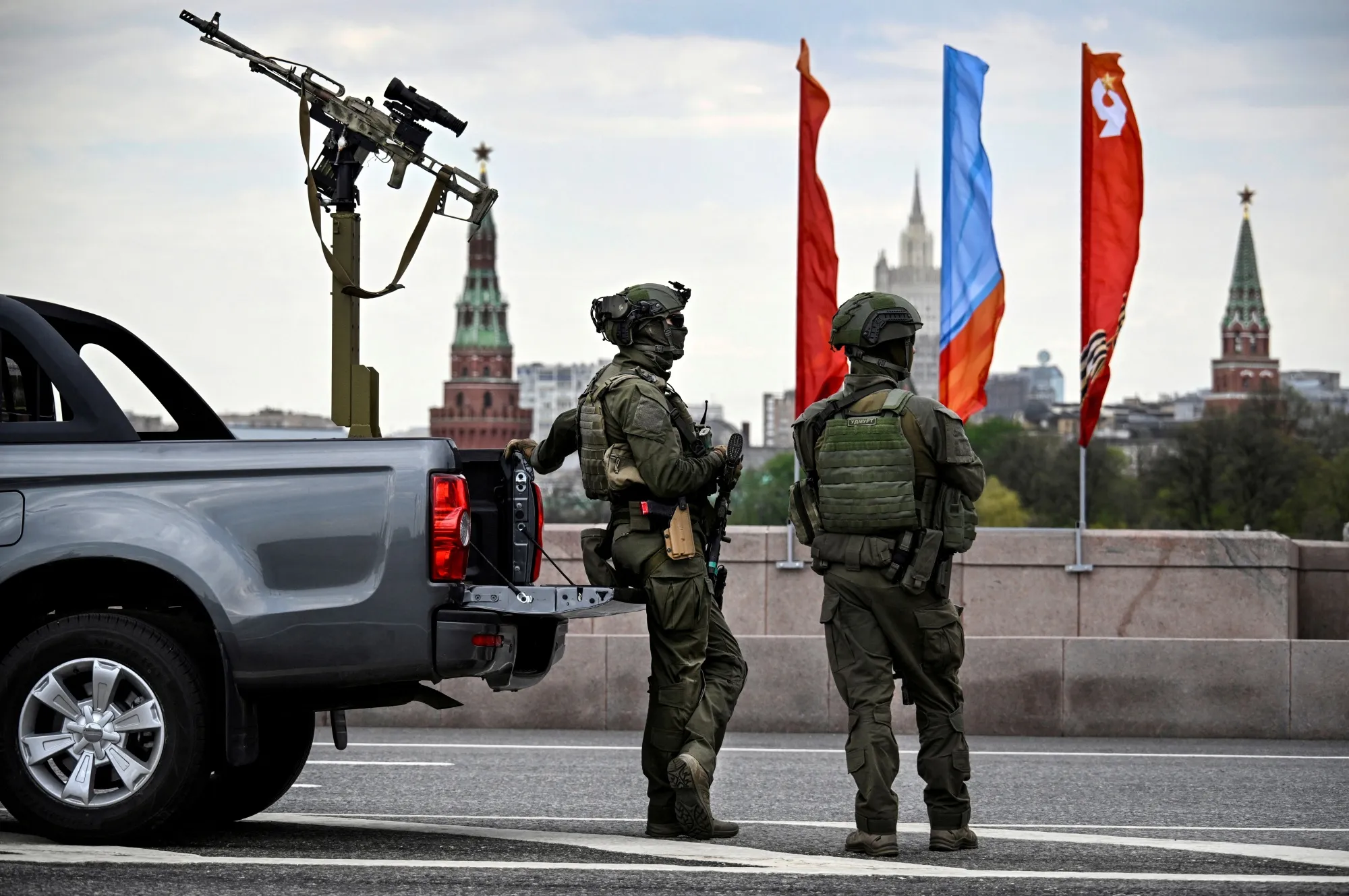 Russian&nbsp;officers patrol central Moscow on May 5.
