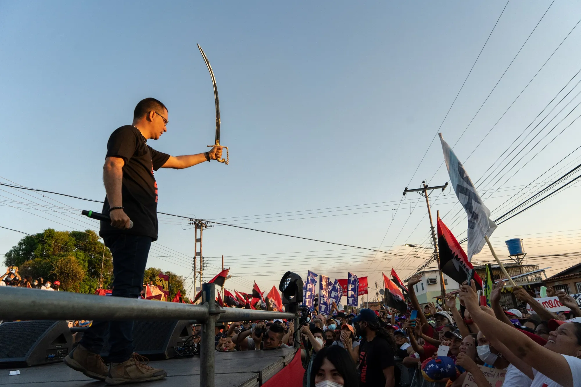 Jorge Arreaza brandishes a replica of the sword of independence leader Simon Bolivar at a campaign rally ahead of the regional election in Barinas. 