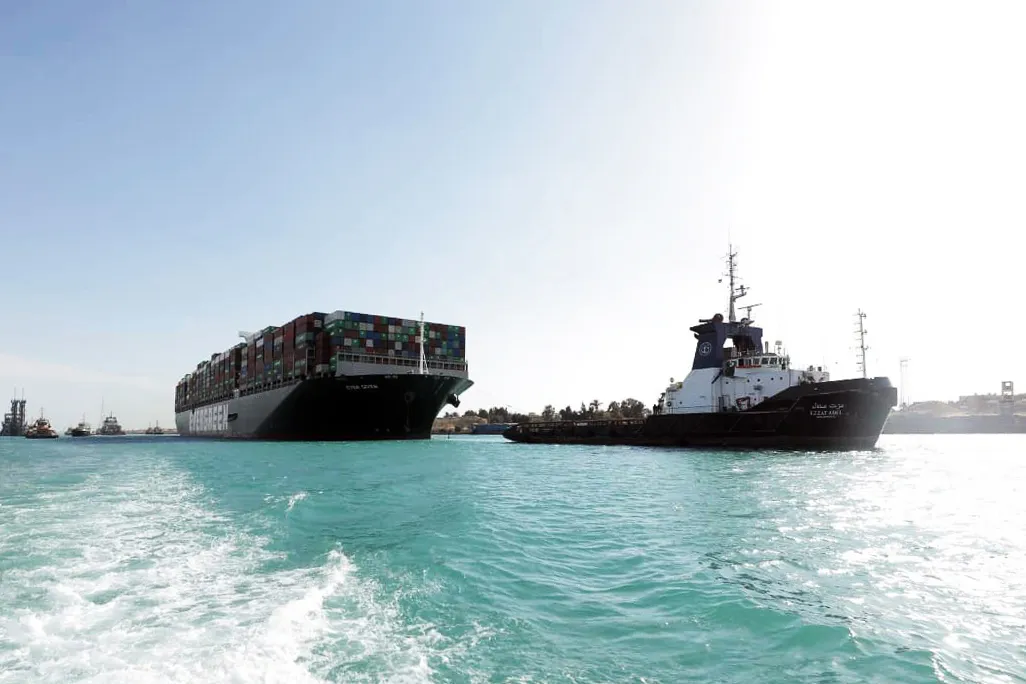 The Ever Given container vessel&nbsp;is towed north along the Suez Canal on March 29.
