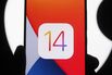 In this photo illustration the iOS 14 logo of the iOS mobile