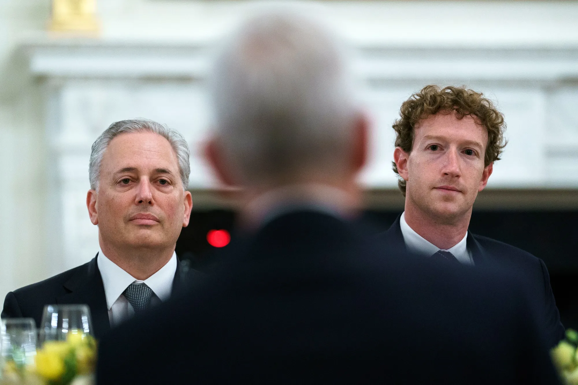 David Sacks, co-chair of the new President’s Council of Advisers on Science and Technology, and Mark Zuckerberg, Meta chief executive officer and a member of the council, during a dinner last year with tech leaders at the White House.