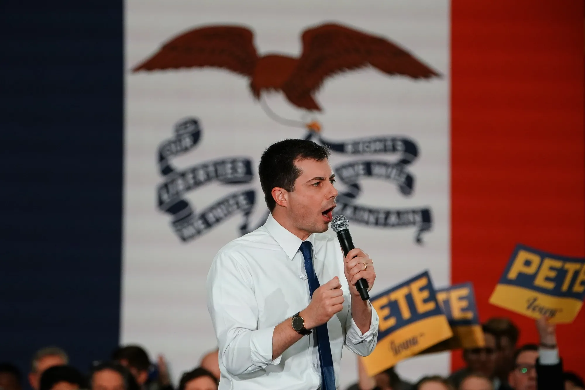 Pete Buttigieg, former mayor of South Bend and 2020 presidential candidate, speaks at a campaign event in Des Moines, Iowa, on Feb. 2, 2020.&nbsp;