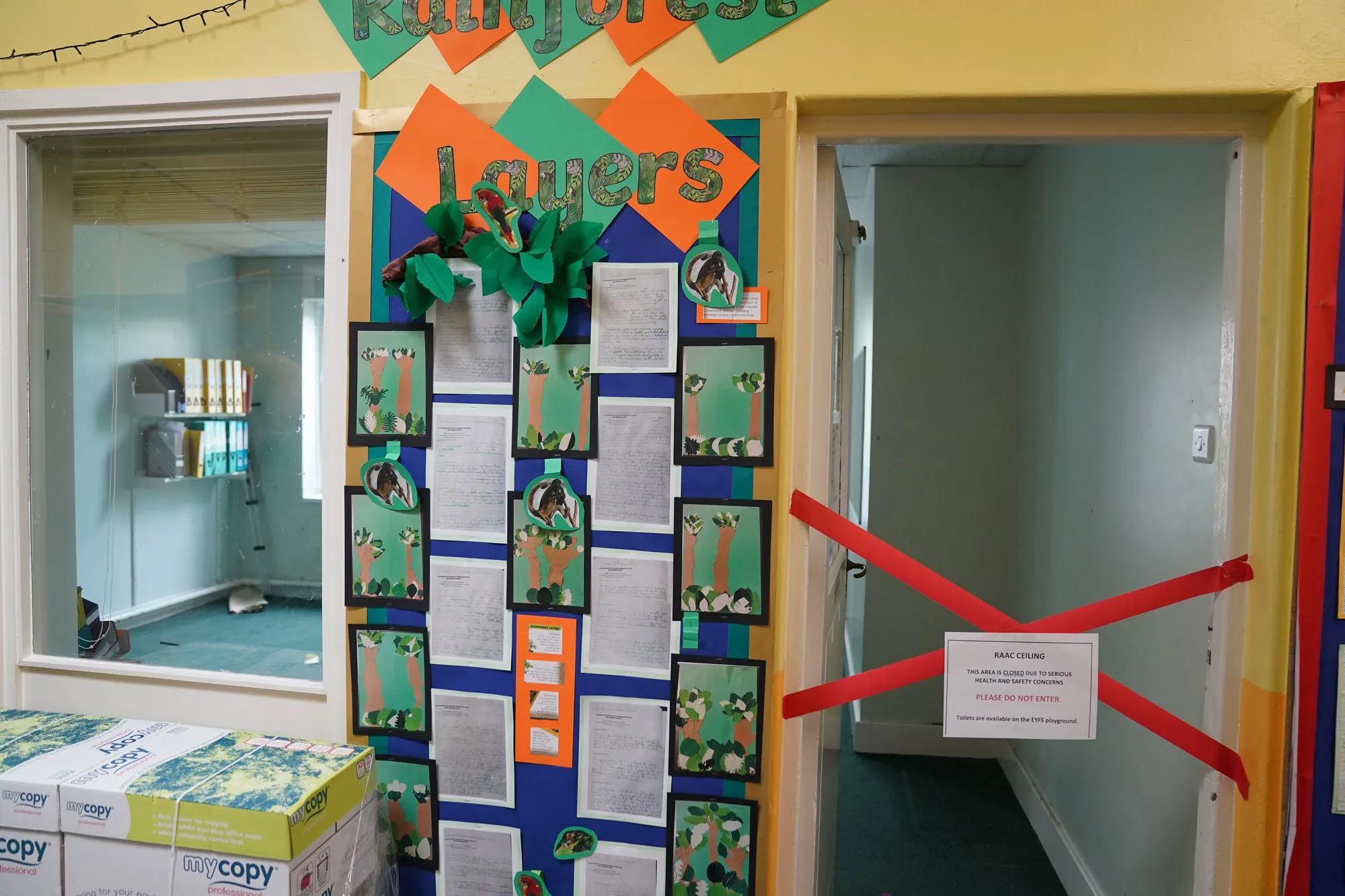 A taped off area affected by sub-standard Raac at a school in Leicester, UK.