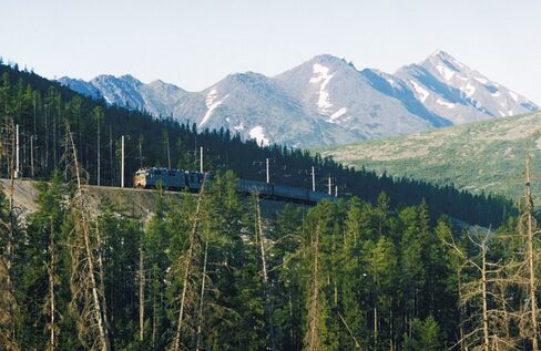A passenger train on the Trans Siberian Railway in the Kemerovo region of Russia.
