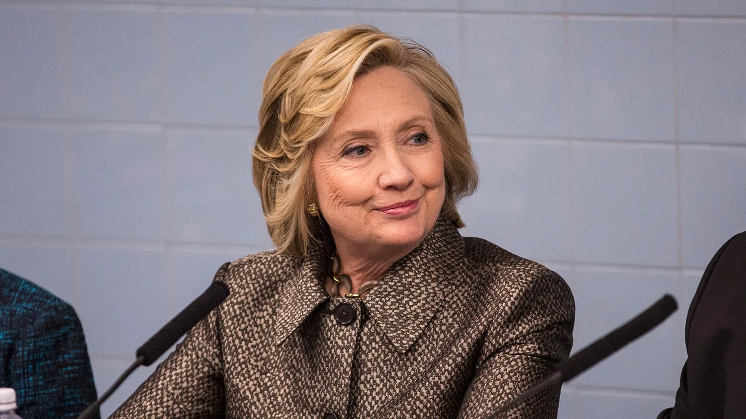 First lady of New York City Chirlane McCray, former Secretary of State Hillary Clinton and Deputy Mayor of New York City Richard Buery attend a round table conversation and press conference announcing a childhood development initiative with on April 1, 2015 in New York City.
