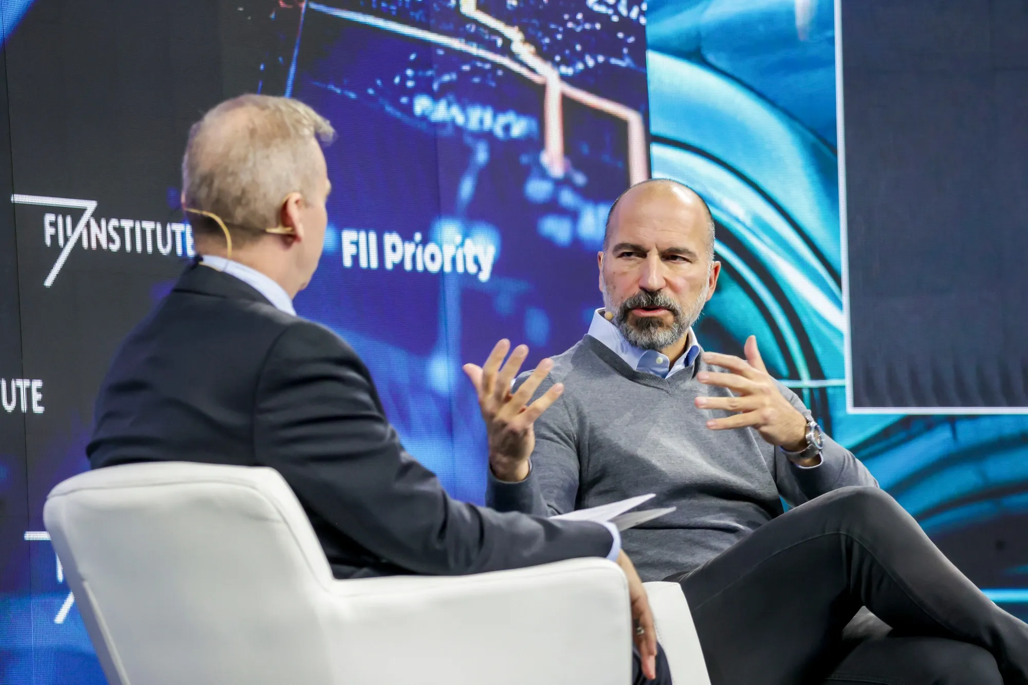 Dara Khosrowshahi speaks during the Future Investment Initiative Institute Priority conference in Miami, Florida, on Feb. 21.