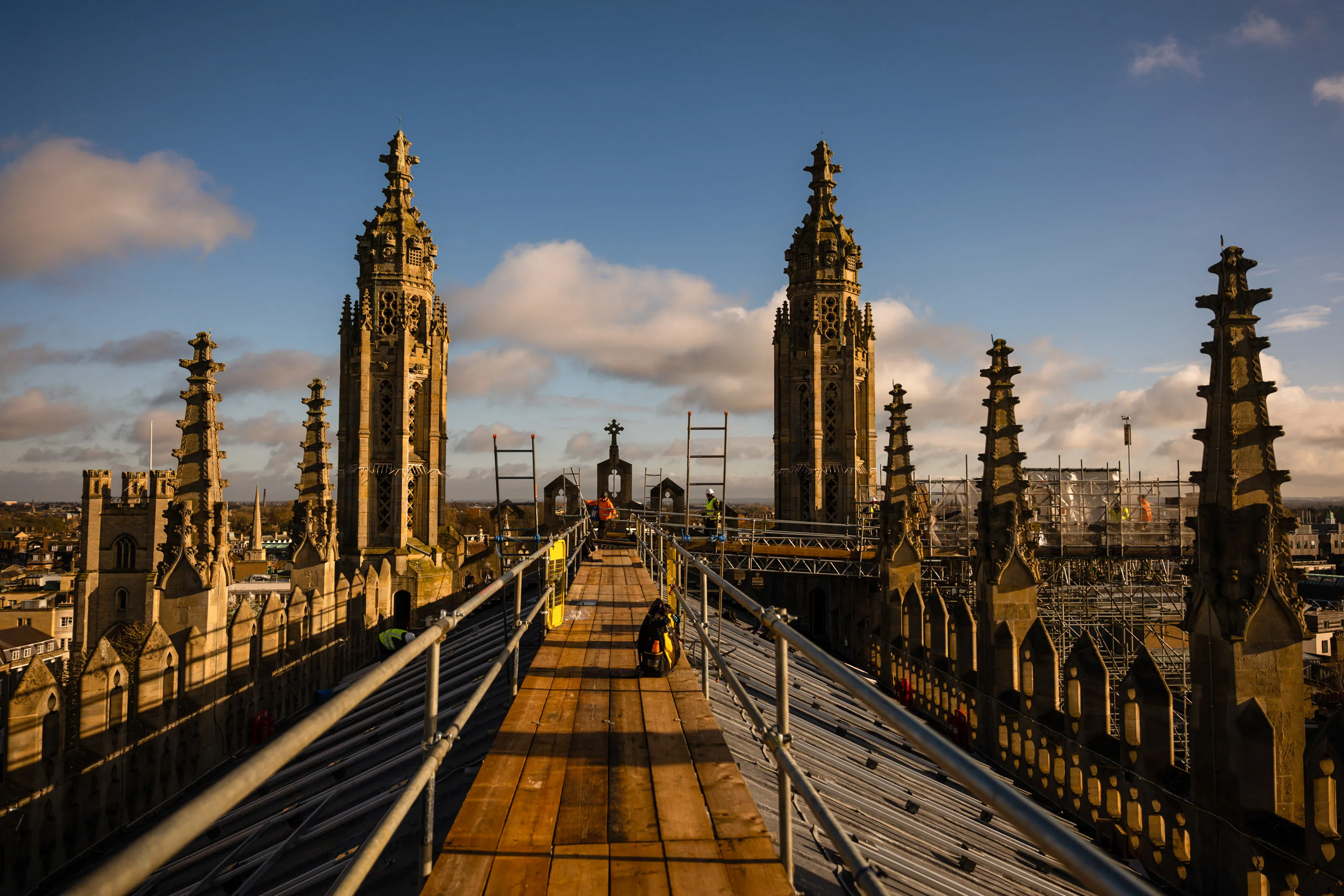 Solar panels during installation on the roof of King's College Chapel.