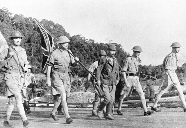 Lieutenant-General Arthur Percival and his party on their way to surrender Singapore to the Japanese, 15 February 1942.