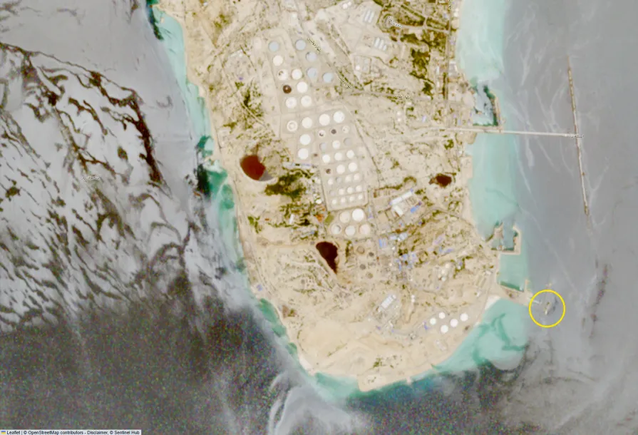 An unidentified vessel (circled in yellow) was seen berthed at the southeastern jetty on Iran’s Kharg Island on May 16, as other crude-loading berths remain empty.