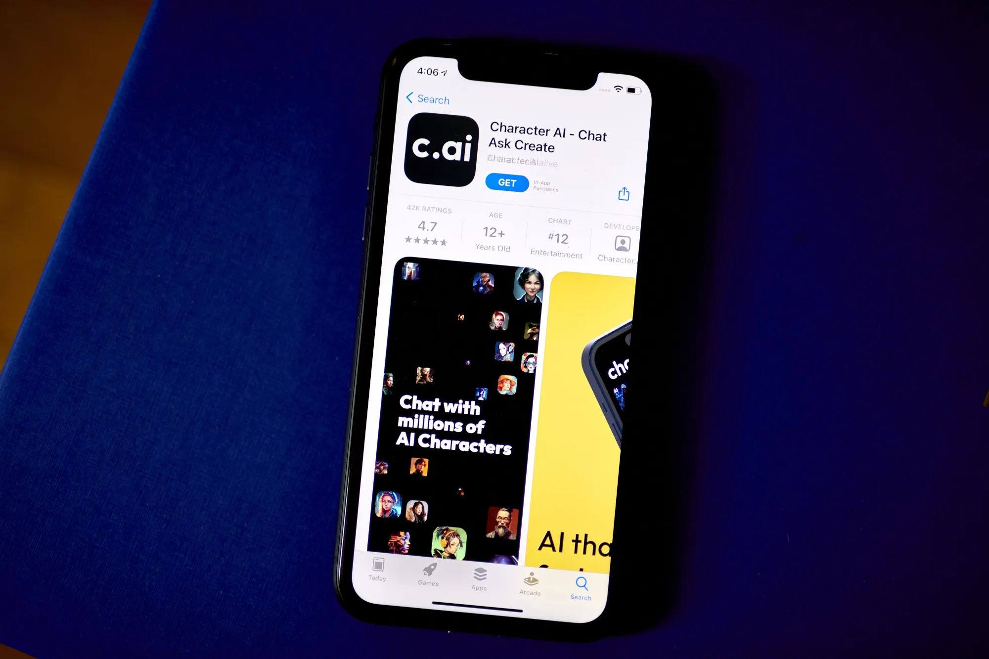 The Charcter.AI application for download in the Apple App Store on a smartphone.